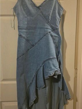 Fashion Nova Light Blue Denim Asymmetrical V-Neck High-Low Dress